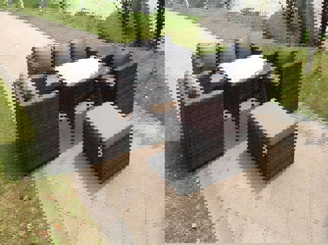 Fimous Grey Lounge Rattan Sofa Dining Table Set Chairs Garden Furniture Outdoor