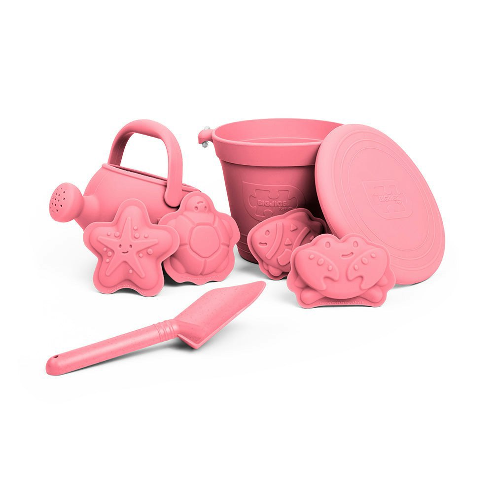 Bigjigs Toys 5 Piece Silicone Beach Toy Bundle, Sand Toys - Coral Pink