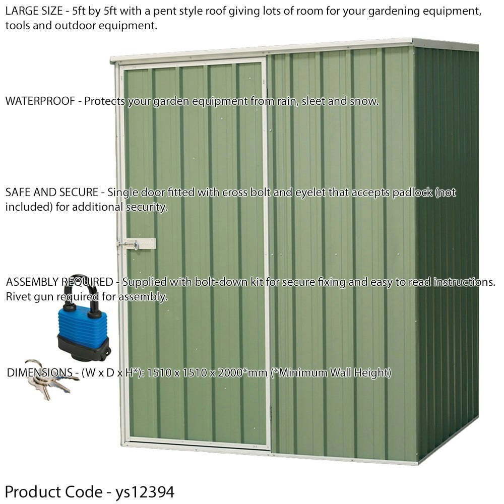 151x151cm Galvanised Steel Garden Shed - Outdoor Metal Storage & Padlock - Green - LoopsDirect