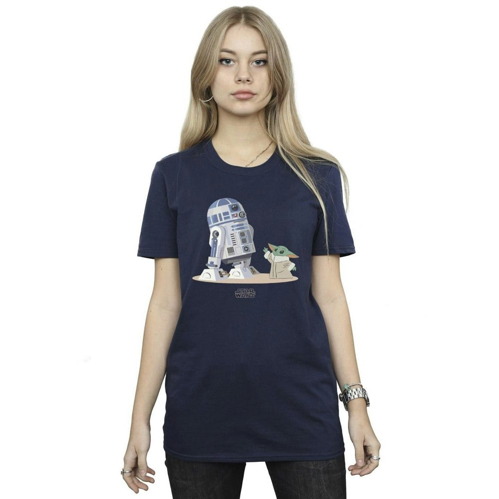 Star Wars Womens/Ladies The Mandalorian R2D2 And Grogu Cotton Boyfriend T-Shirt - Navy Blue