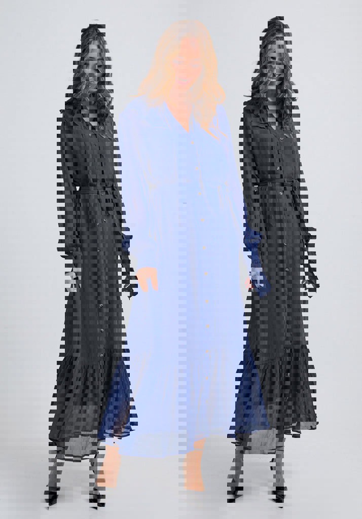 Eloise Midi Dress in Blue with buttons at the front