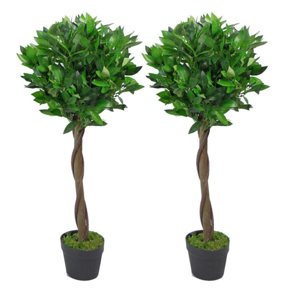 Leaf 90cm Leaf Design UK Pair of Artificial Bay Topiary Ball Trees, Green Twist