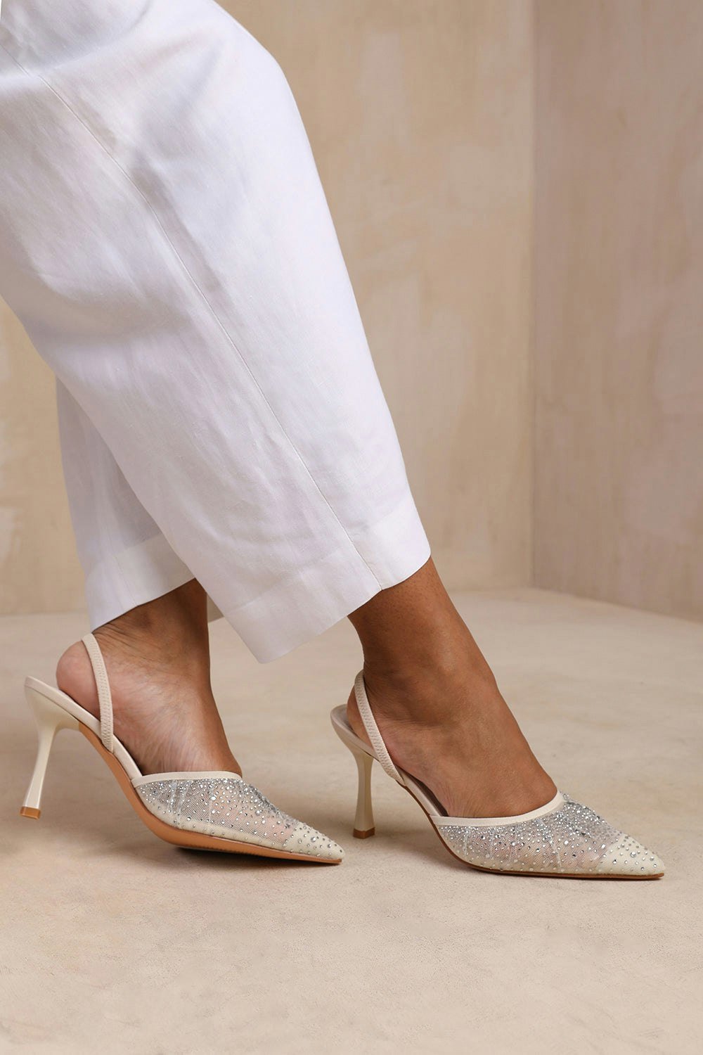 Where's That From California Wide Fit Diamante Mesh Pointed Toe Sling Back Heel in Beige