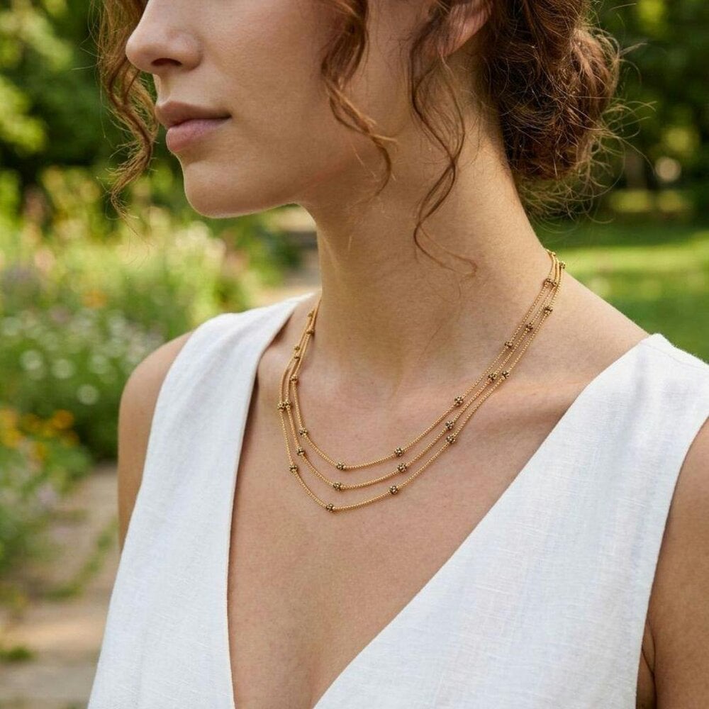 The Colourful Aura Triple Strand Black & Gold Bead Necklace | 18ct Gold Plated
