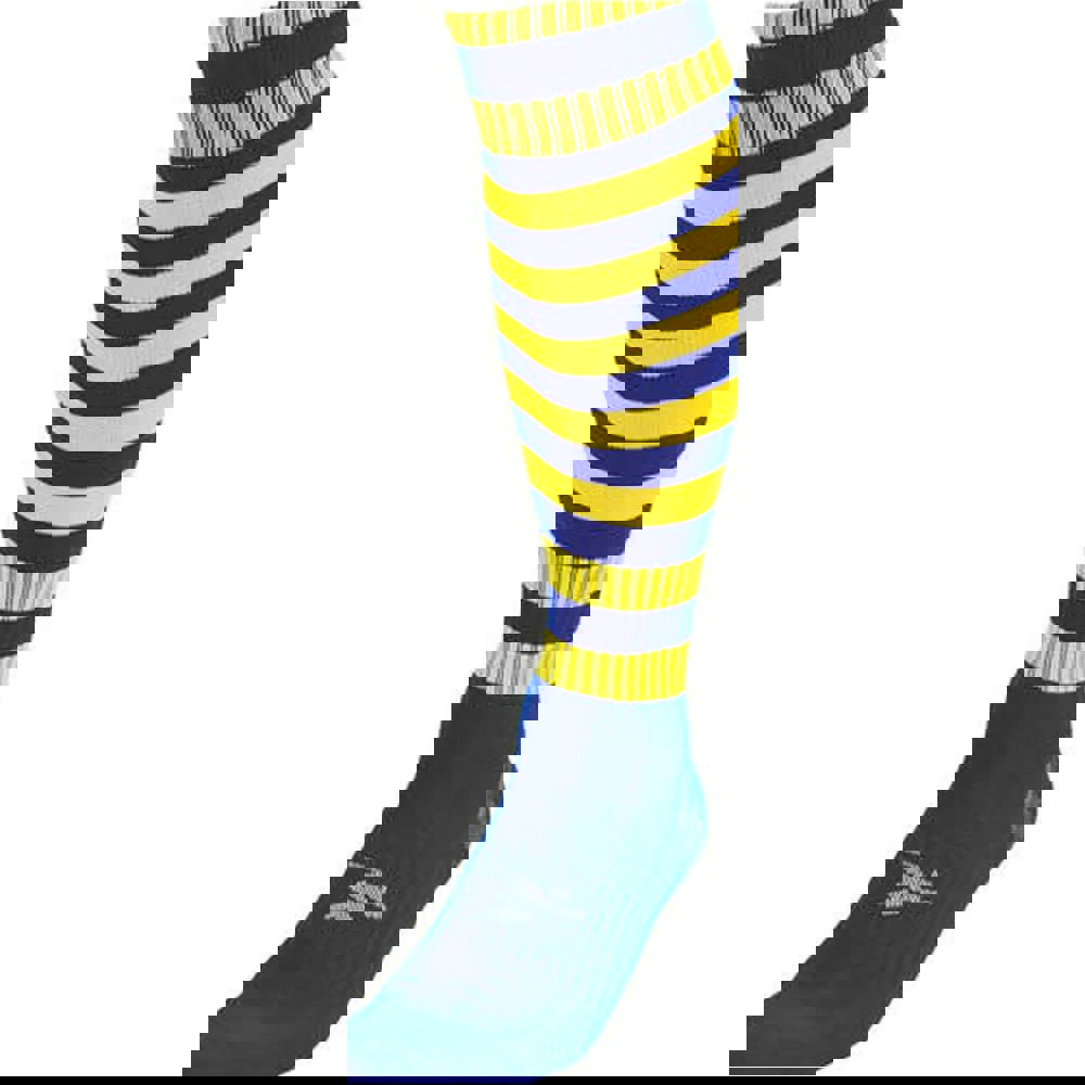 JUNIOR Size 3-6 Hooped Stripe Football Socks - ROYAL BLUE/YELLOW Contoured Ankle