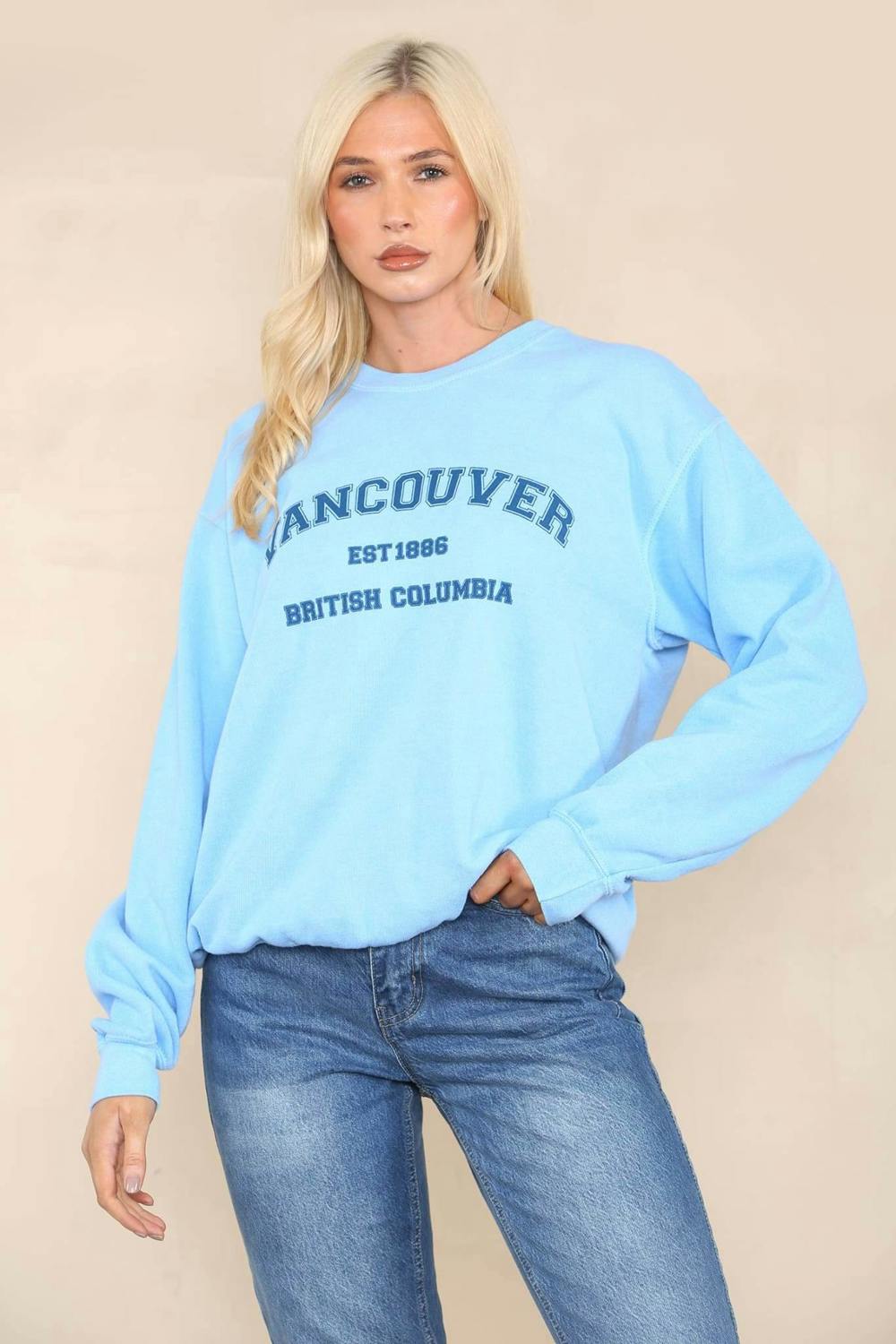 Elaina Fashion Women's Baby Blue Vancouver Print Oversized Crewneck Sweatshirt Long Sleeve Winter Casual Loose Pullover Soft Sweat Jumper Streetwear - Elaina Fashion