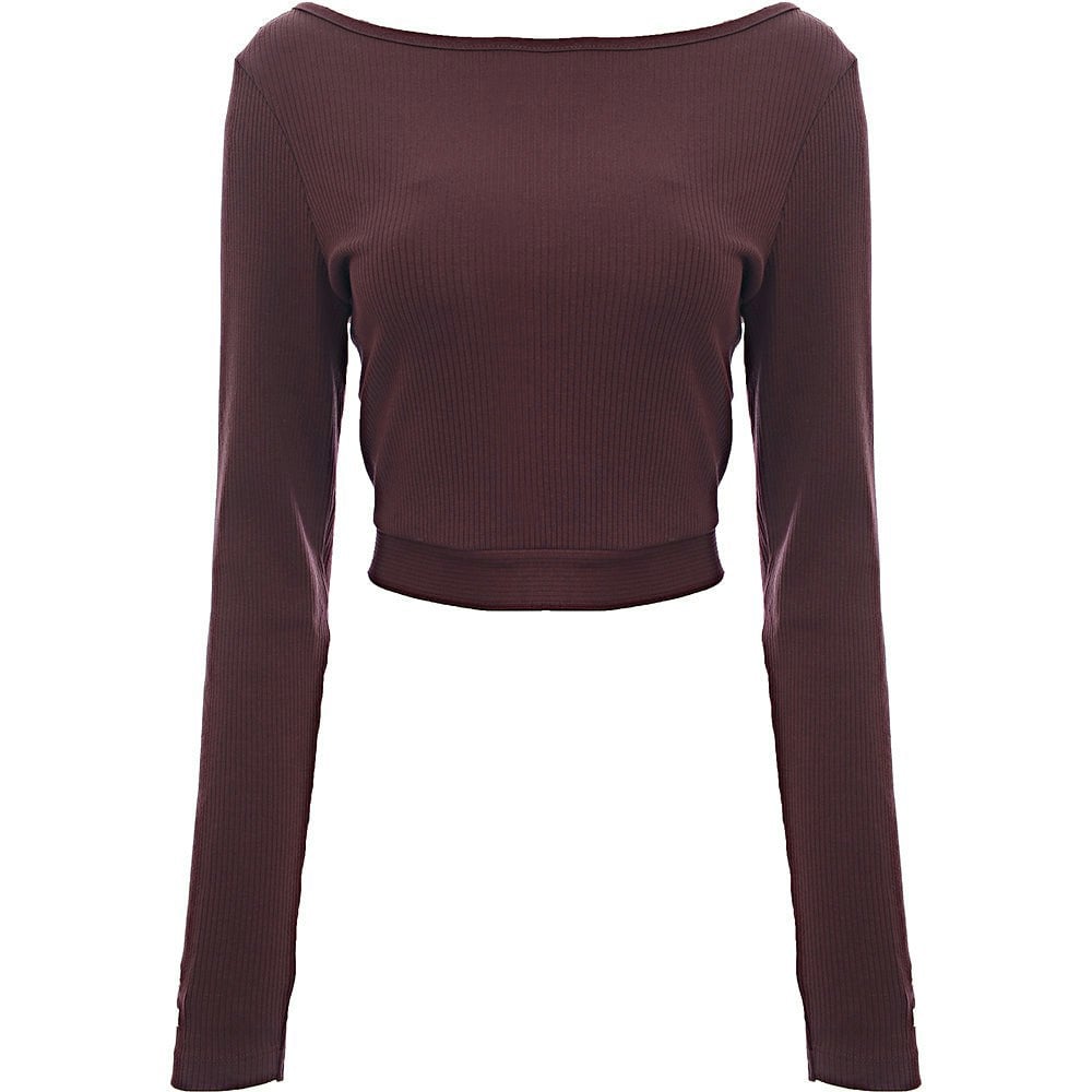 Puma Women's Burgundy Classics Long Sleeve Ribbed Crop Top