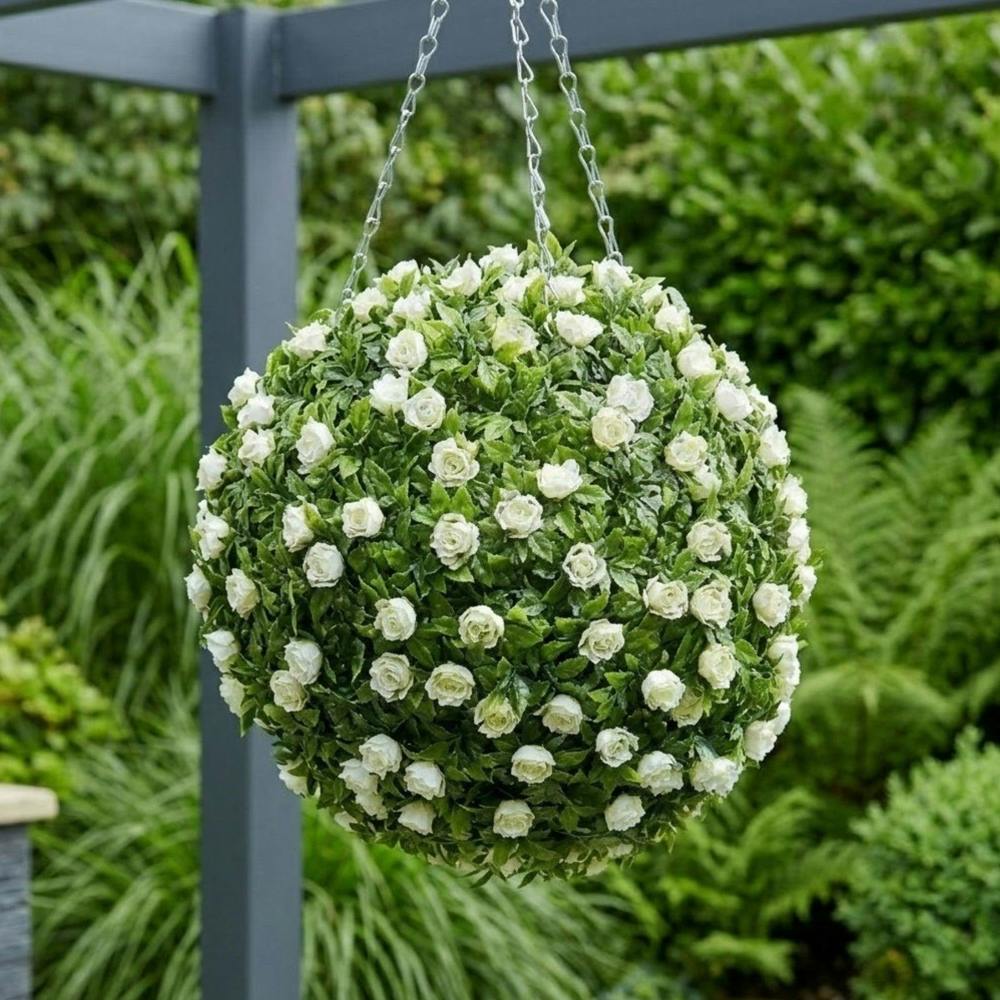 Garden Greatness Hanging Artificial White Rose Topiary Ball