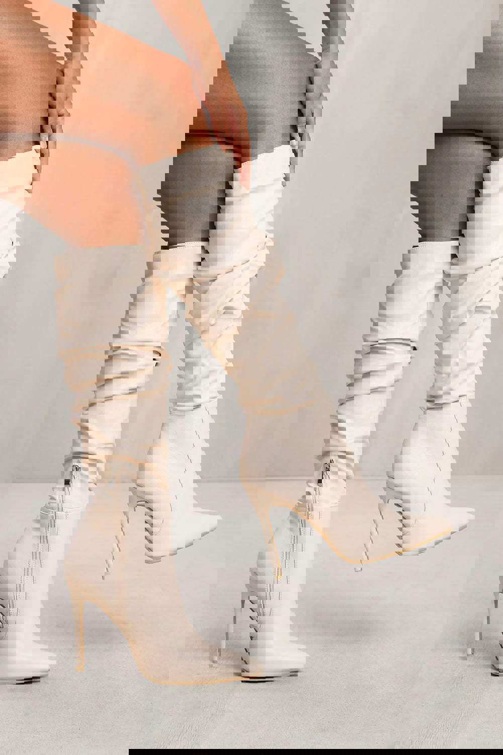 Where's That From Alessia Below Knee High Heel Slouch Boot in Cream Faux Leather