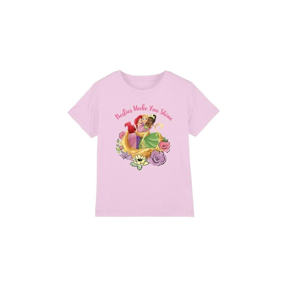 Disney Princess Childrens/Kids Besties Shine Ariel Rapunzel Tiana T-Shirt - Pink