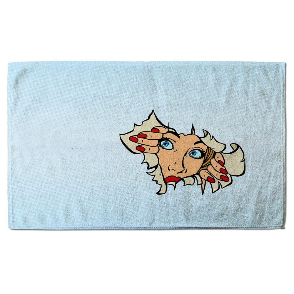 Benjamin Tate Design woman looking through torn paper background. Comic cartoon pop art retro (Bath Towel)