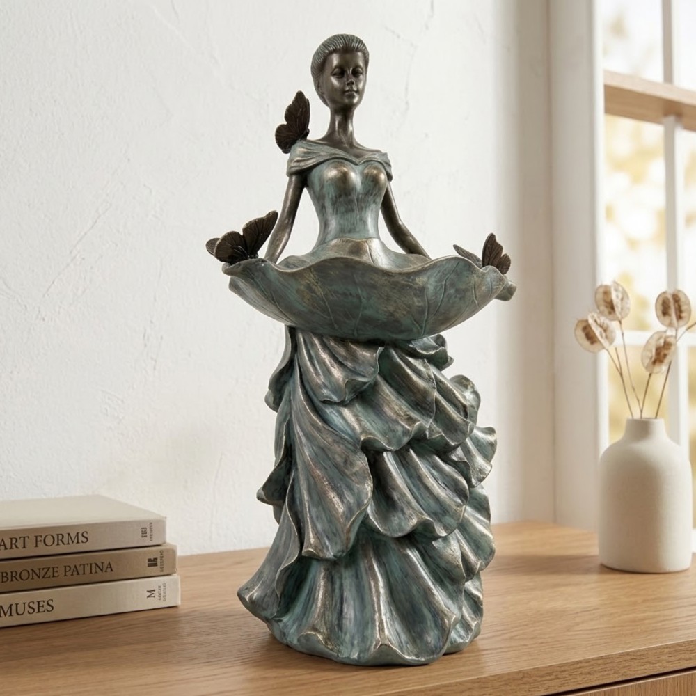 Garden Greatness Bronze Effect Lady with Leaf Sculpture