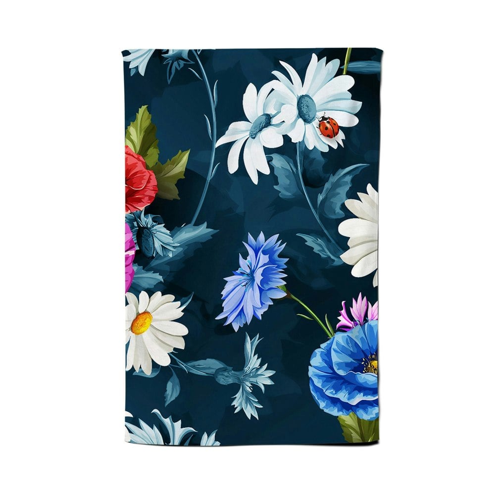 Warren Reed Poppy Flowers With Chamomile, Leaves, Cornflowers On Dark Blue Tea Towel