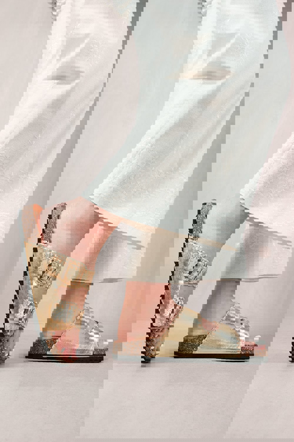Where's That From Sunset Double Strap Flat Sandals With Buckle Detail in Gold Metallic