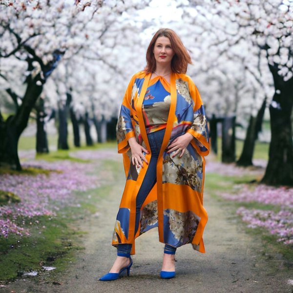 Bird of Paradise Cherry Blossom Silk Kimono paired with a Cherry Blossom Silk Scarf, featuring elegant cherry blossom patterns and vibrant colors.