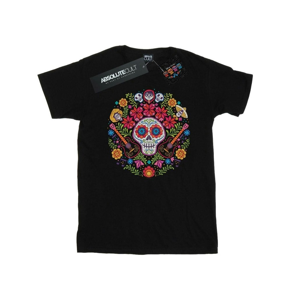 Disney Mens Coco Embroidered Skull Print T-Shirt - Black