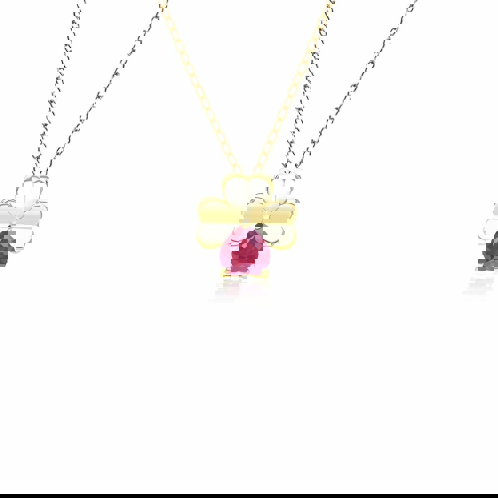 135P2126019 Gardenia Ruby Clover Pendant Necklace in 9ct Yellow Gold Front
