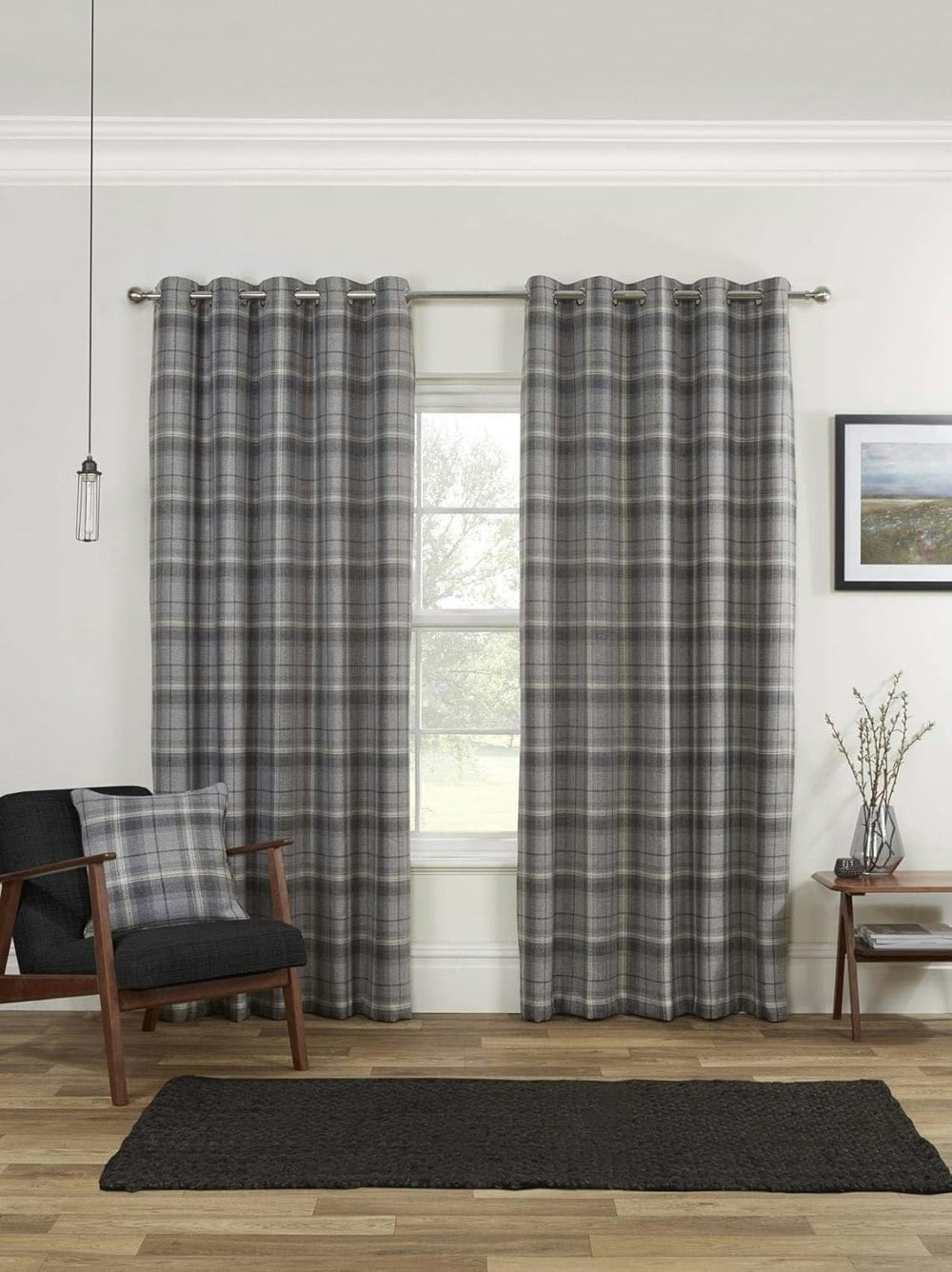 Sundour Grey Carnoustie Checked Eyelet Blackout Curtains - - Size 90 X 54"