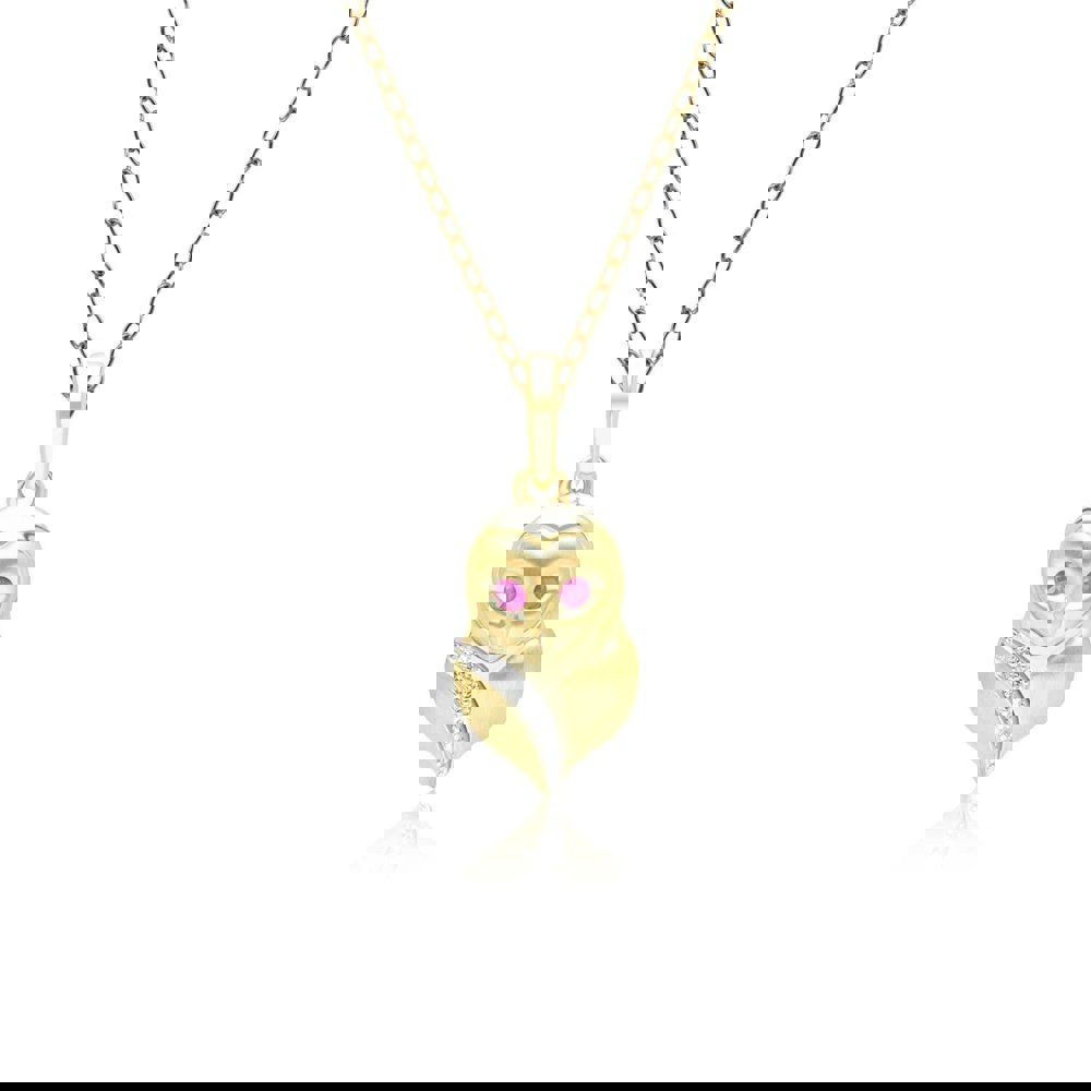 135P2128019 Gardenia Ruby and White Sapphire Owl Pendant Necklace in 9ct Yellow Gold Front