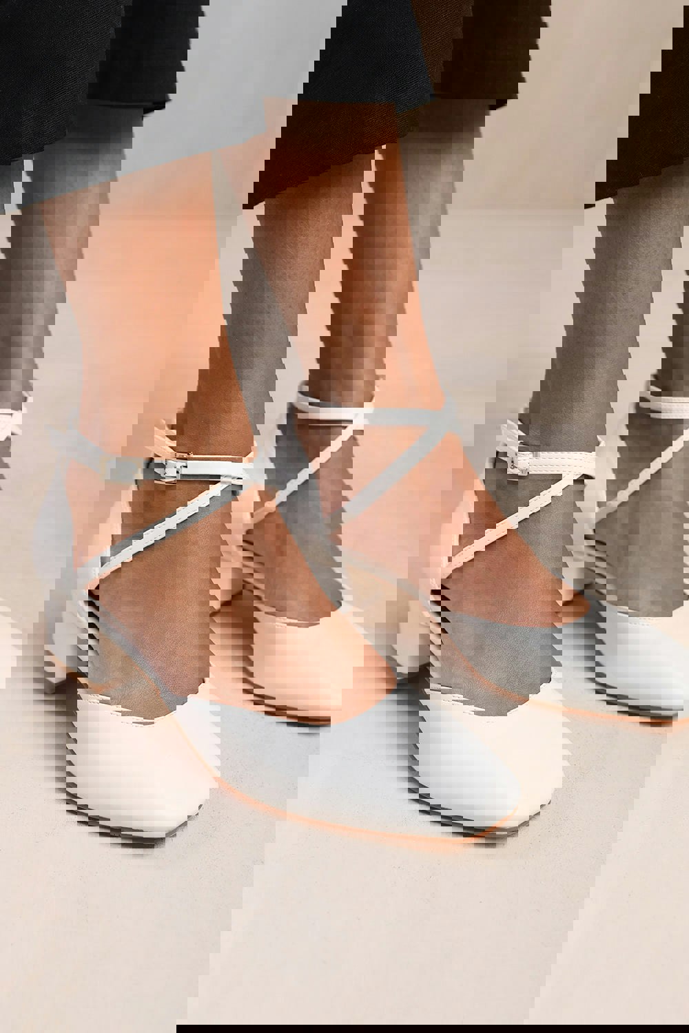 Where's That From Peru Cross Over Ankle Strap Low Block Heel in White Faux Leather