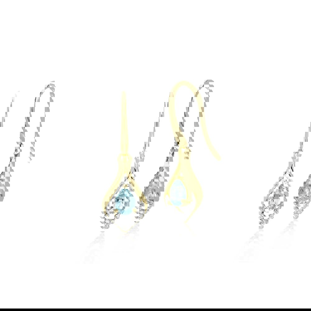 135E1577069 Classic Pear Blue Topaz & Diamond Leaf Halo Drop Earrings in 9ct Yellow Gold 1