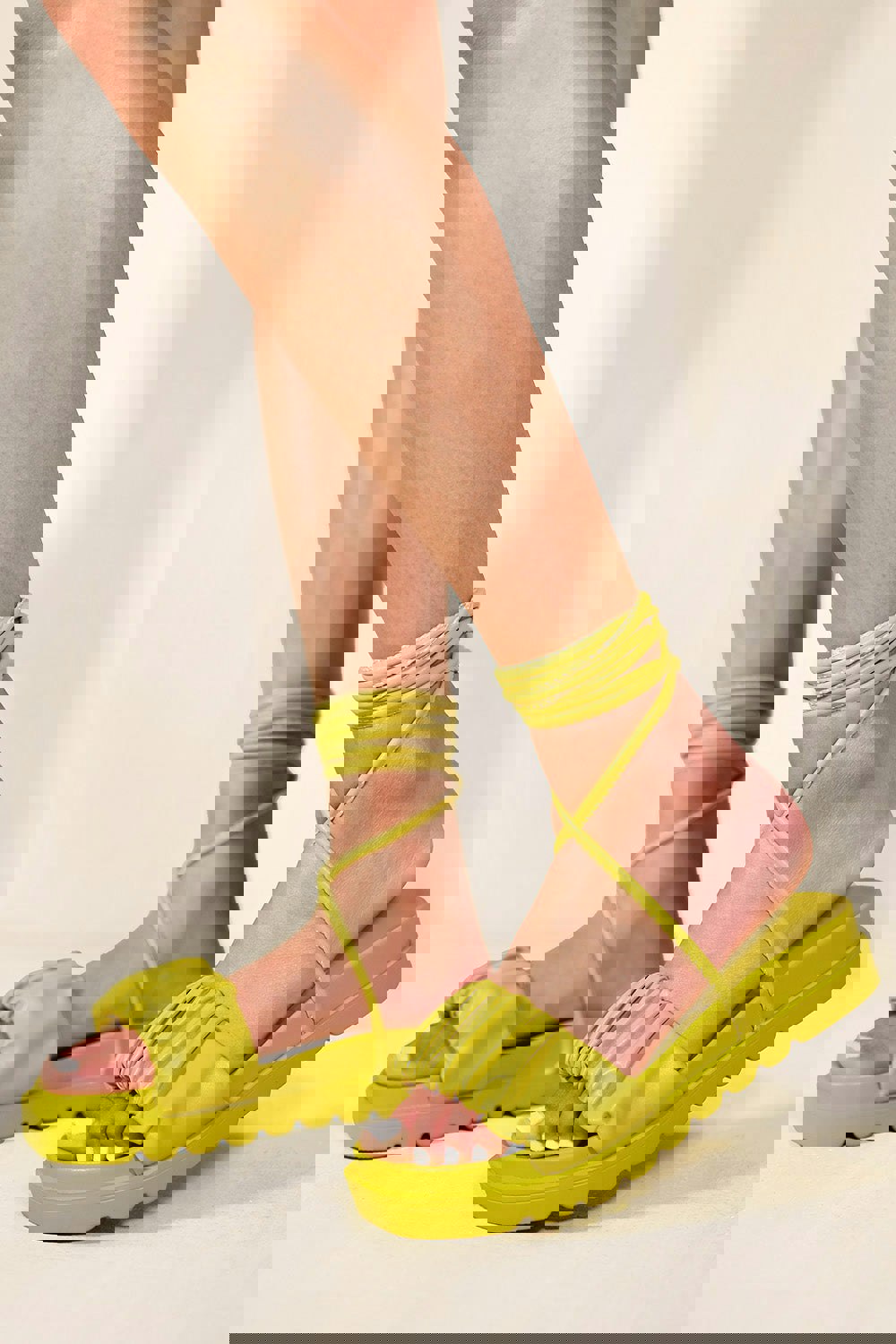Where's That From Ruched Strap Sandals With Lace Up Detail in Lime Green Faux Leather