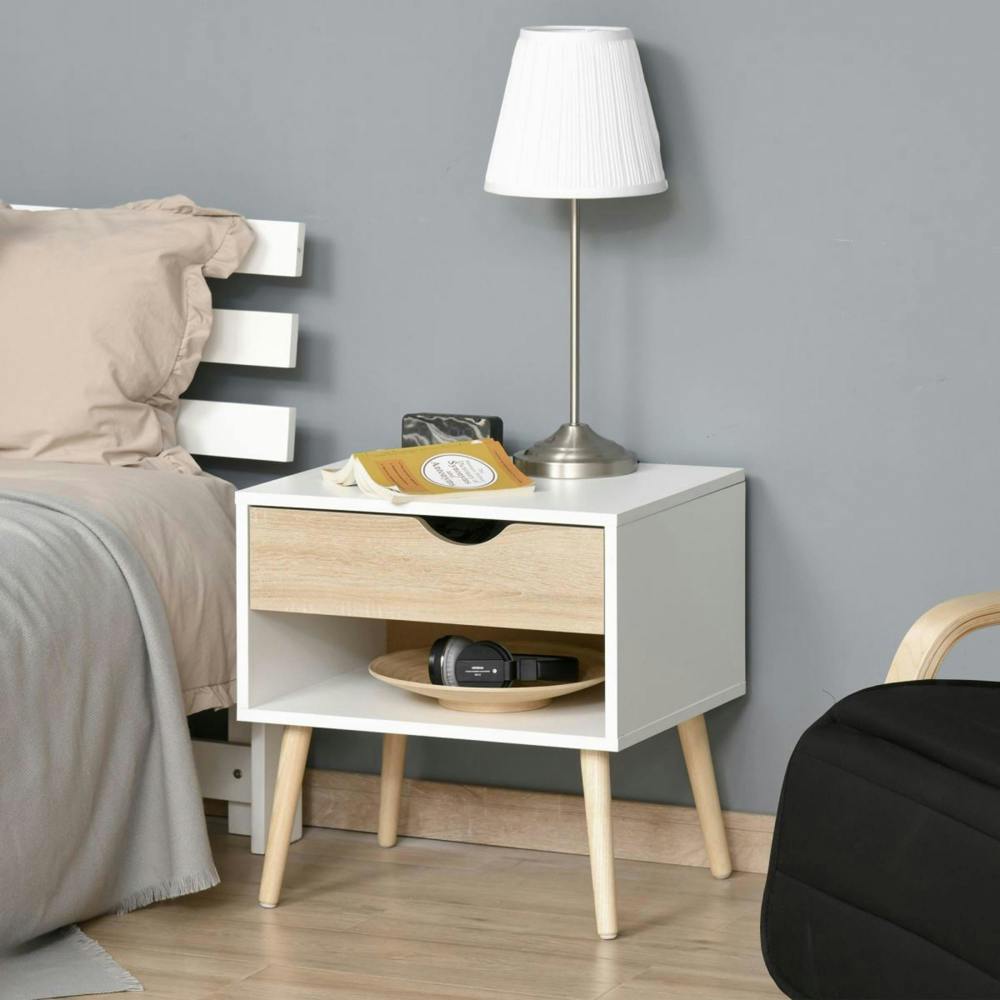 Dyzi Modern Bedside Table with Drawer Open Shelf and Wooden Legs