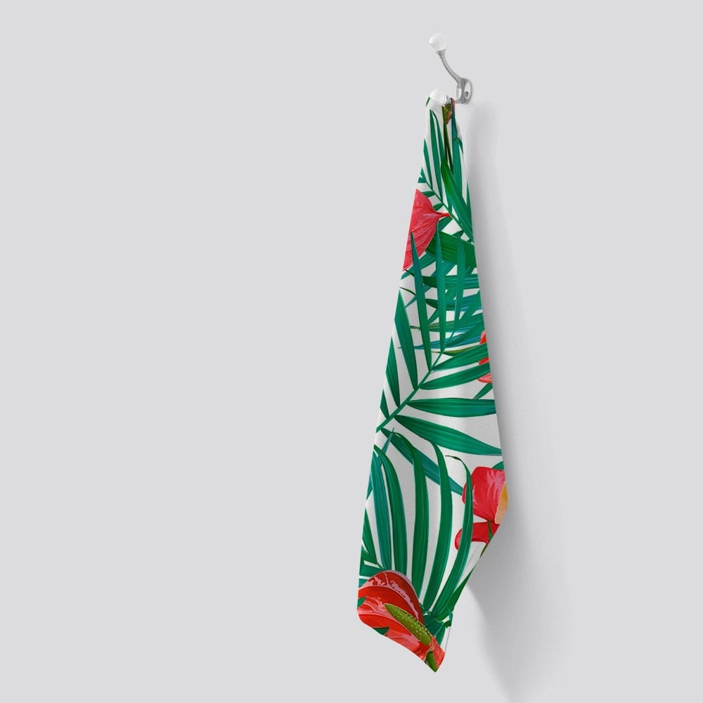 Warren Reed Tropical Flowers And Palm Leaves Tea Towel