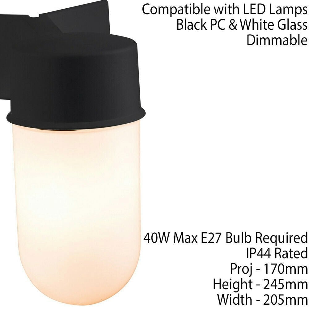 IP44 Outdoor Wall Light & Corner Bracket Black White Long Glass Shade E27 Lamp Loops