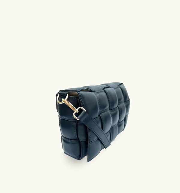 Apatchy London Padded Woven Leather Crossbody Bag with Gold Chain Strap - Navy