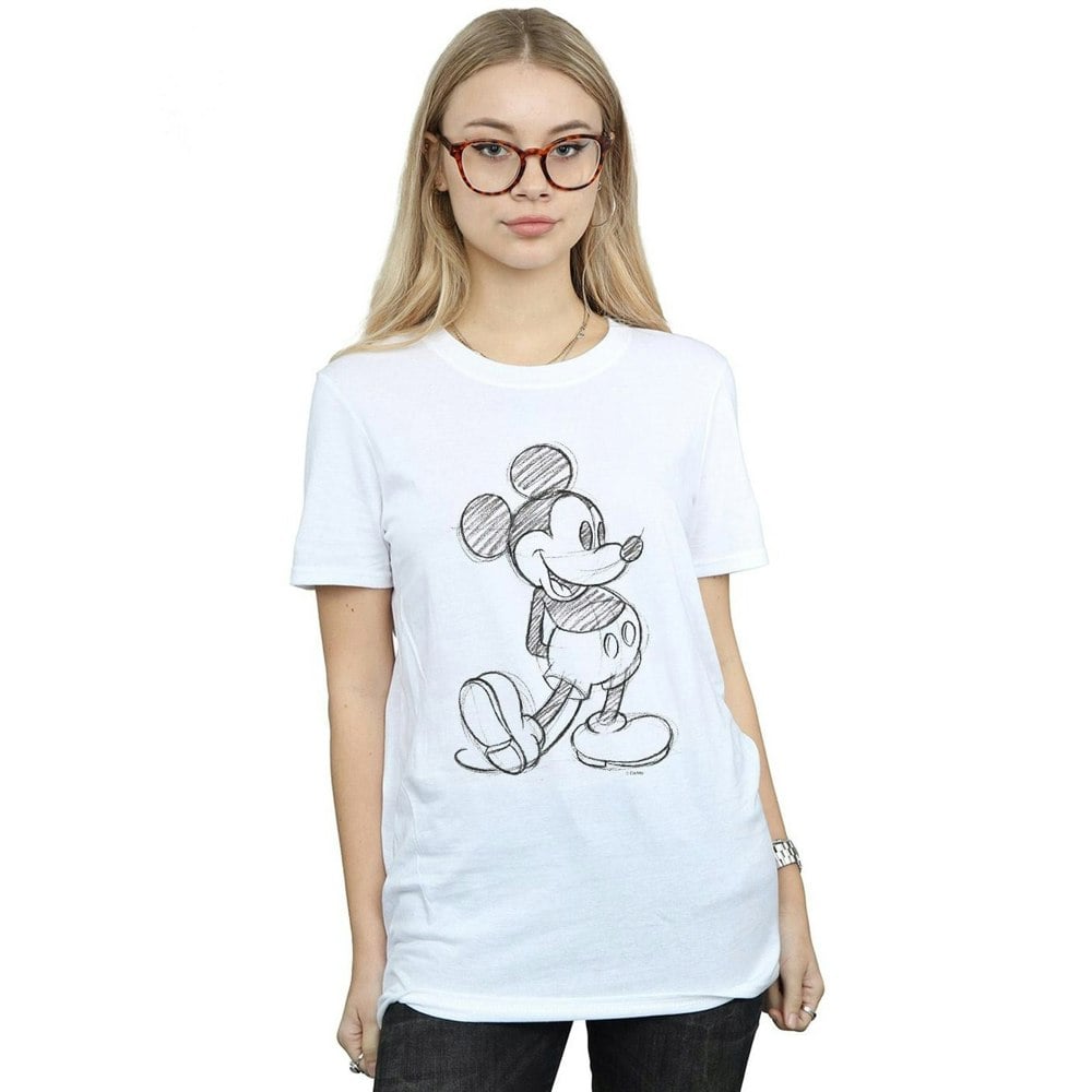 Disney Womens/Ladies Mickey Mouse Sketch Kick Cotton Boyfriend T-Shirt - White
