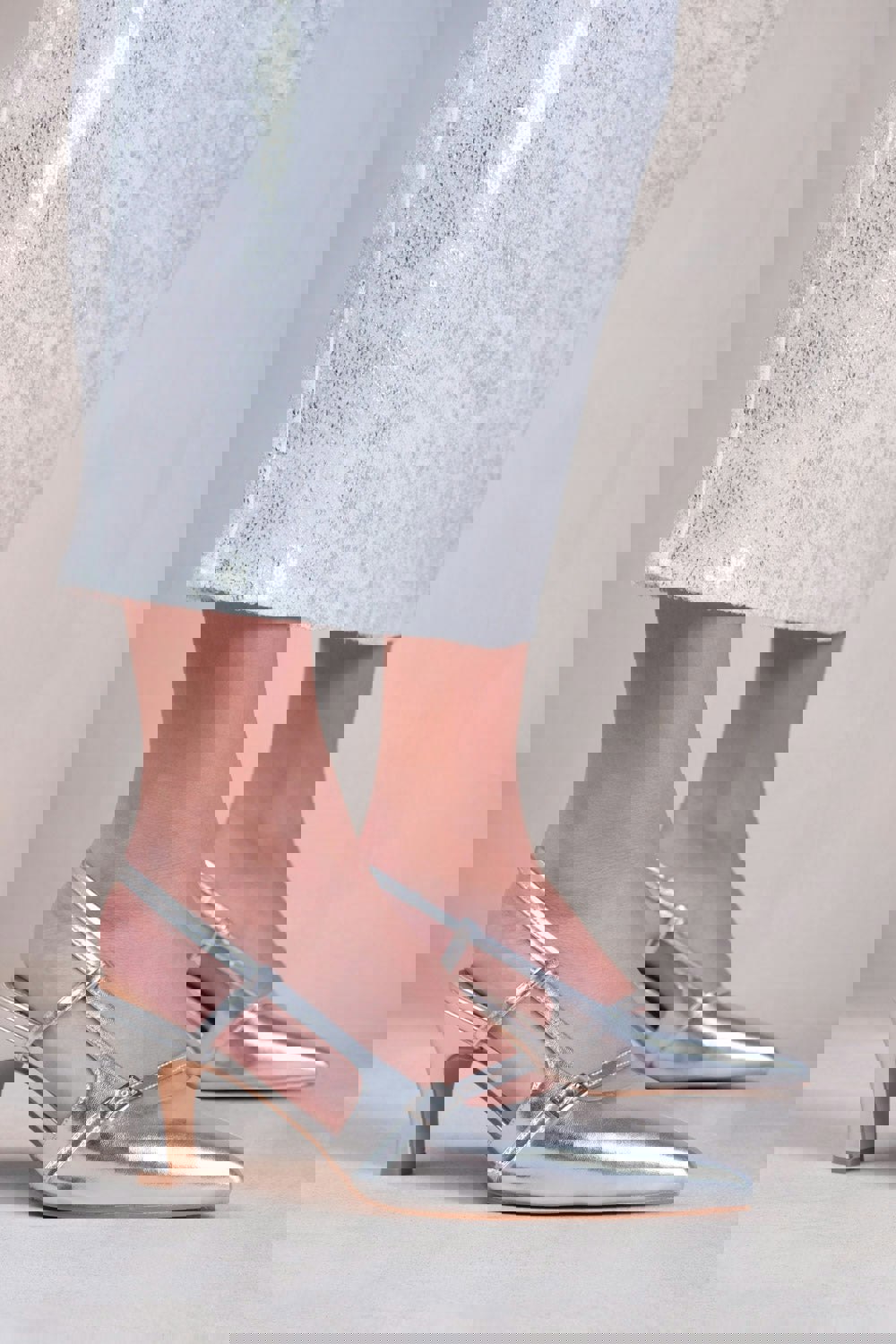 Where's That From on Point Mid Heel Slingback Sandals With Strap and Buckle Detail in Silver Metallic