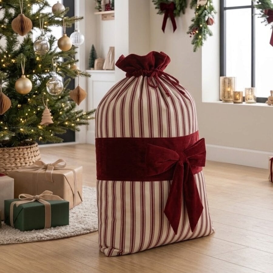Garden Greatness Traditional Striped Faux Velvet Bow Christmas Sack