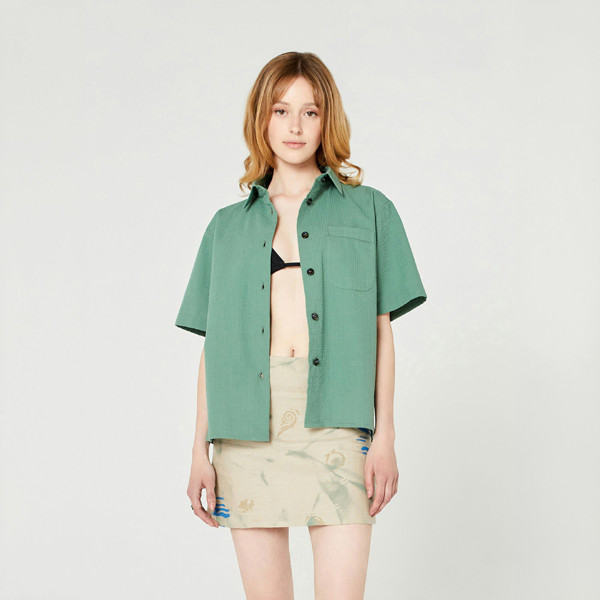 Blue Nude ~ Slow Fashion Brand - Plage Button-Up Cotton Seersucker Shirt in Oyat Green