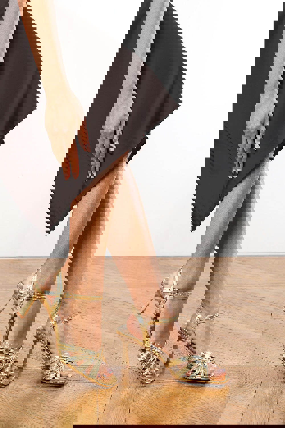 Where's That From Desiree Strappy Heeled Sandals in Gold Crinkle Faux Leather
