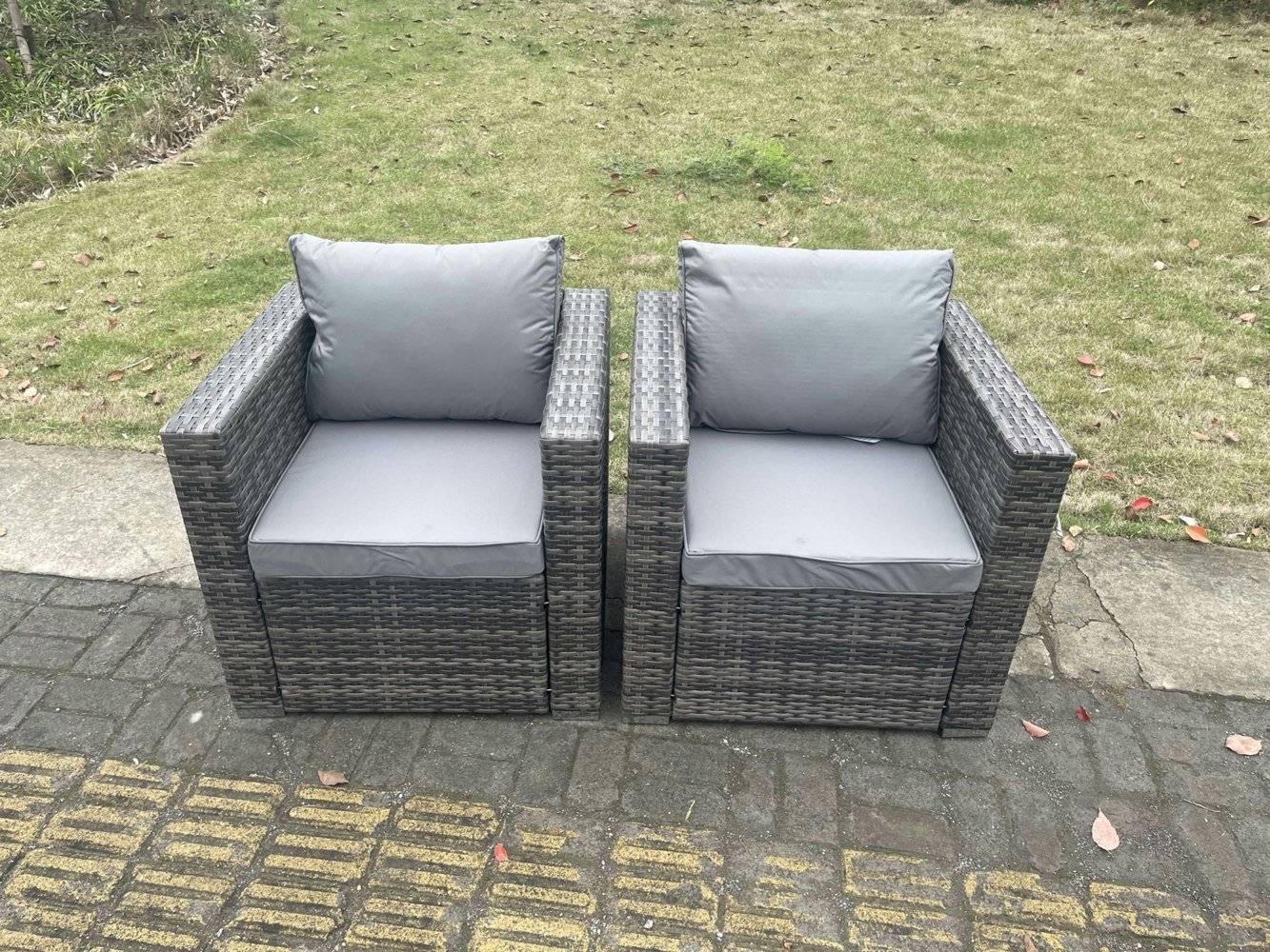Fimous 2 PC Outdoor Rattan Arm Sofa Chair Garden Furniture With Seat and Back Cushion Dark Grey Mixed