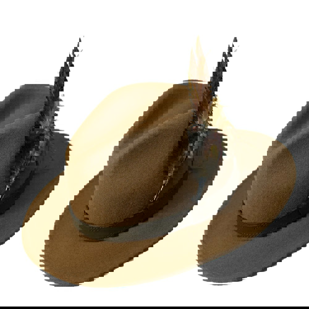 Gamble & Gunn Settler Fedora - Camel Brown With Feather