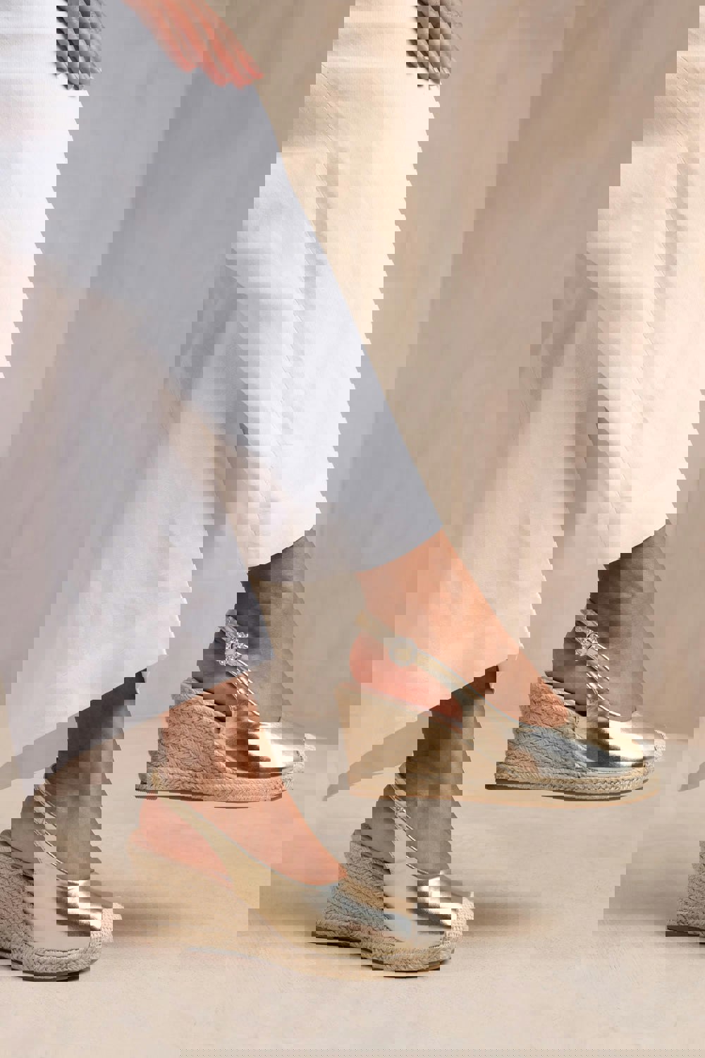 Where's That From Nevada Slingback With Diamante Flower Buckle Espadrille Wedges in Gold Metallic Faux Leather