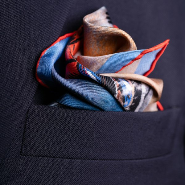 skiing silk pocket square in red and blue by Otway & Orford folded 2