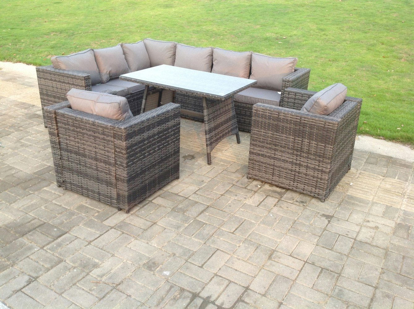 Fimous Rattan Corner Sofa Set Garden Furniture With 2 Chairs And Dining Table Left Hand