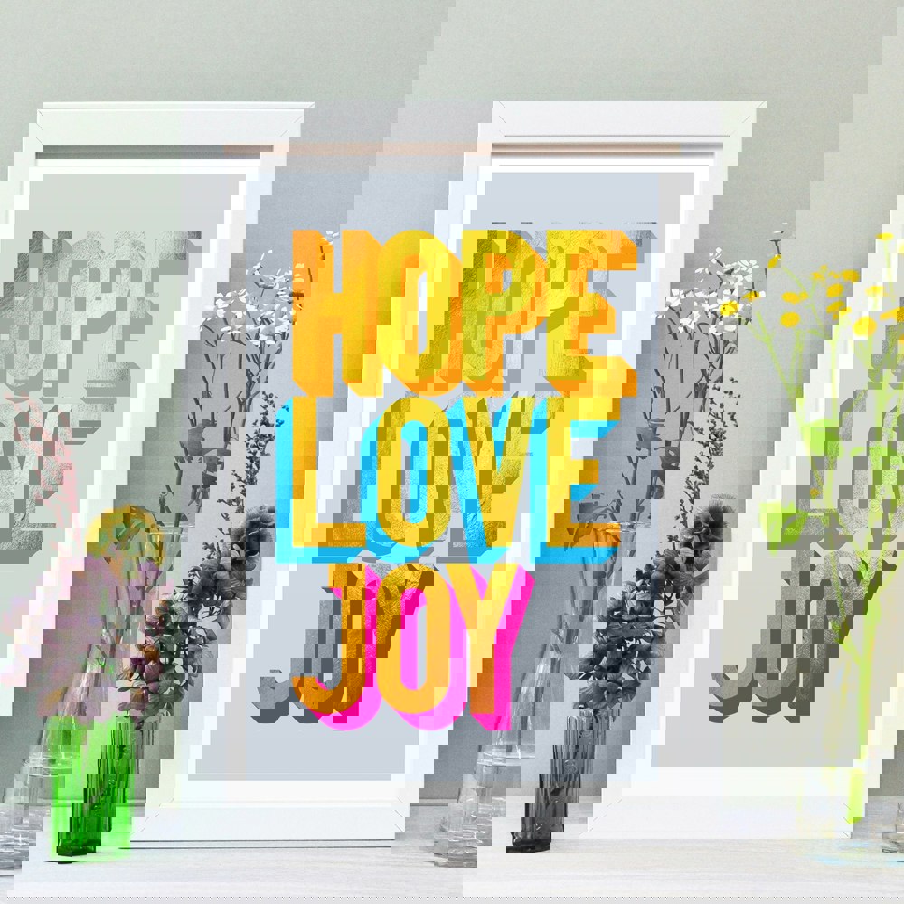 Hands & Hearts Hope Love Joy golden words art print