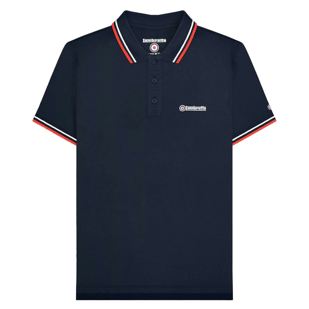 Lambretta Mens SS25 Twin Tip Polo Shirt - Dark Navy/White/Red