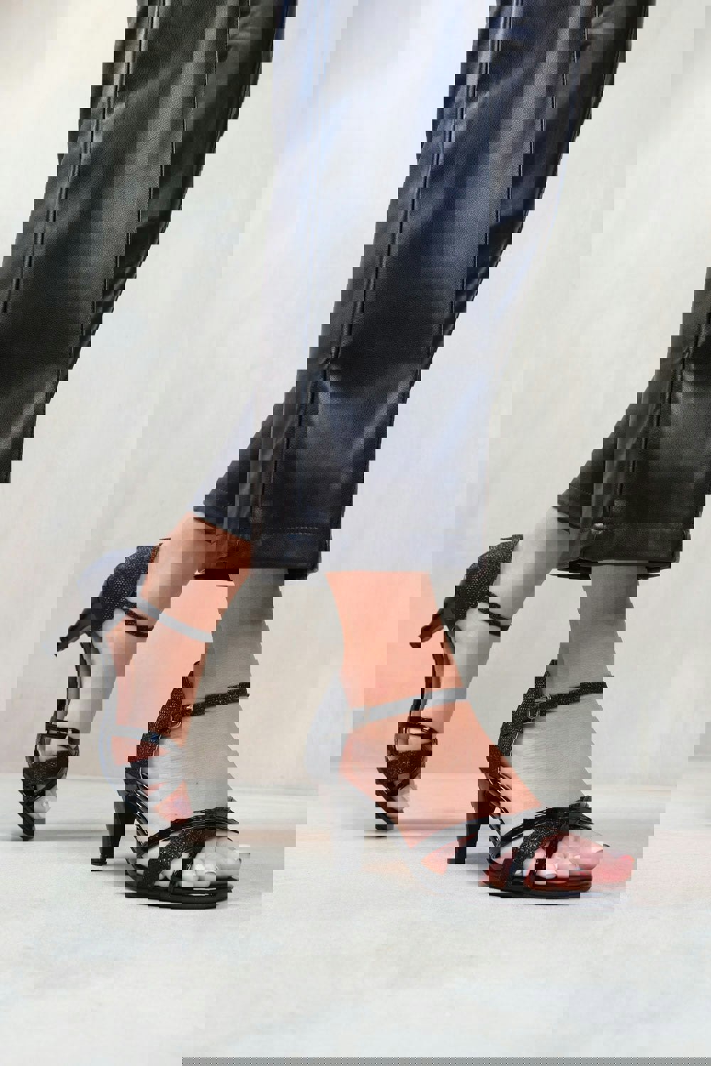 Where's That From Artemis Mid High Heel With Buckle Ankle Strap in Black Glitter