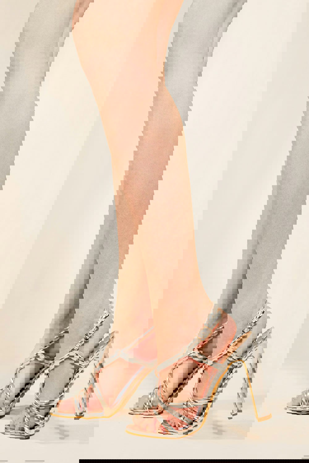 Where's That From Iesha Block High Heel Sandals With Cross Over Strap in Moon Silver Metallic