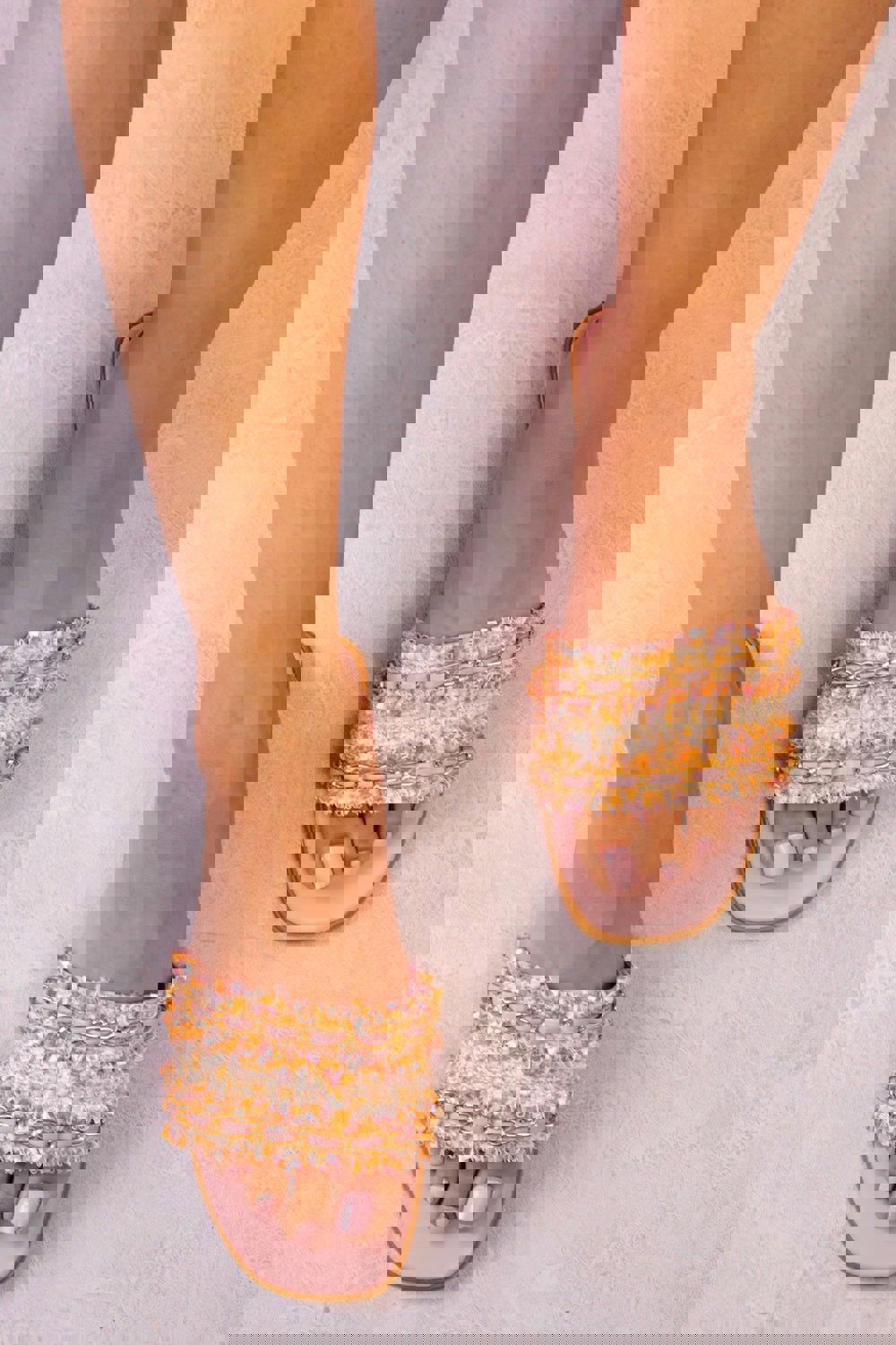 Where's That From Vacation Flat Slider Sandal With Woven Chain Detail in Blush Pink