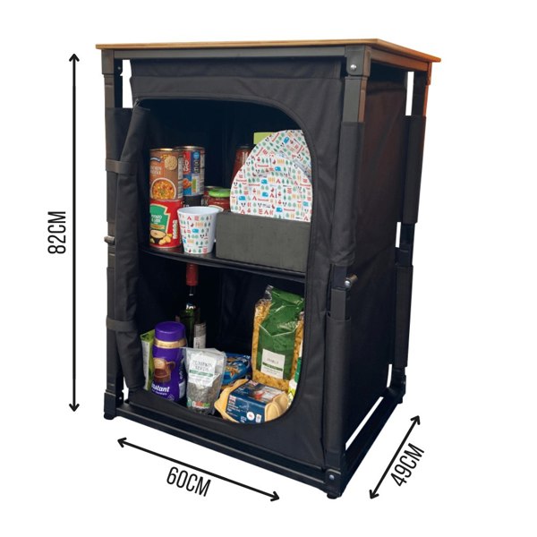 An infographic depicting the product dimensions of the OLPRO Bamboo Cooking Table.