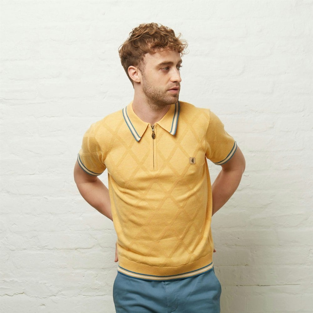 Gabicci V54GM08 Mens Moore Short Sleeve Zip Neck Knitted Polo Gabicci Vintage - PINEAPPLE
