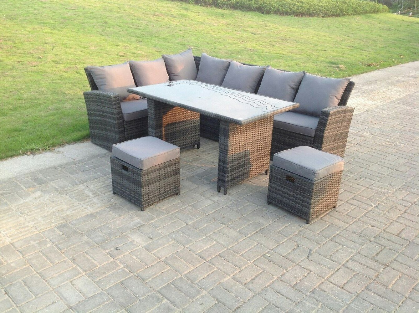 Fimous High Back Grey Mixed Rattan Corner Sofa Dining Set Table With Stools 8 Seater left corner