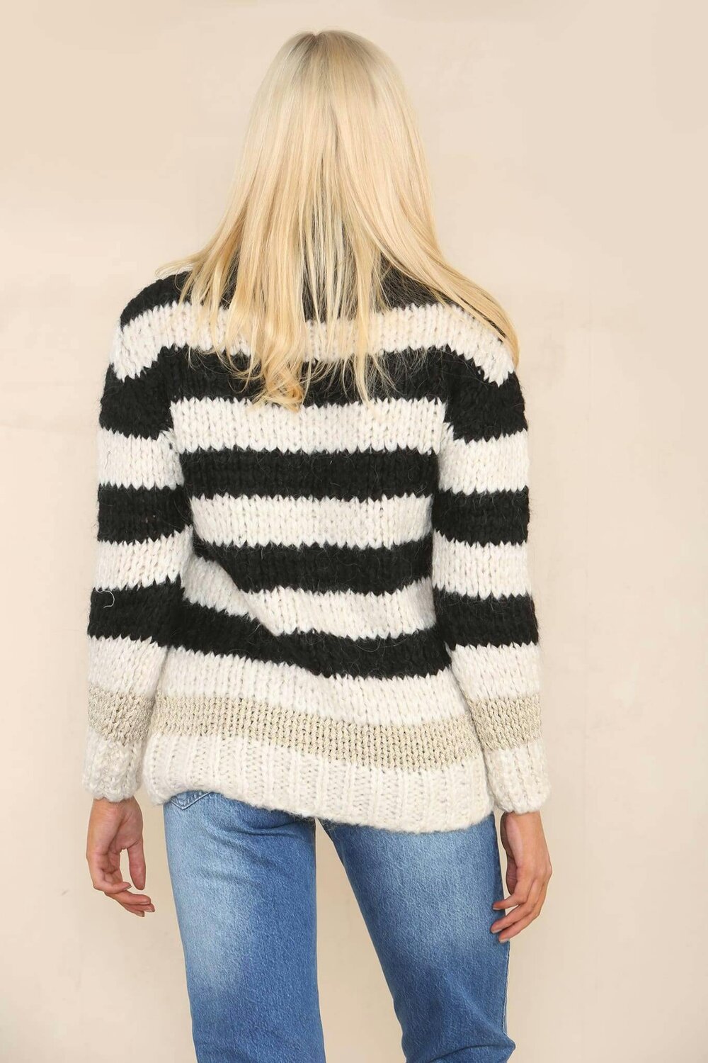 Elaina Fashion Women's Black & Cream Striped Roll Up Neck Jumper Sweater Top- Solid Soft Knit Fluffy Long Sleeve Warm Pullover for Winter