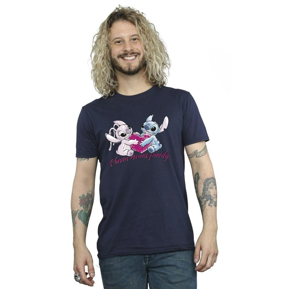 Disney Mens Lilo And Stitch Ohana Heart With Angel T-Shirt - Navy Blue